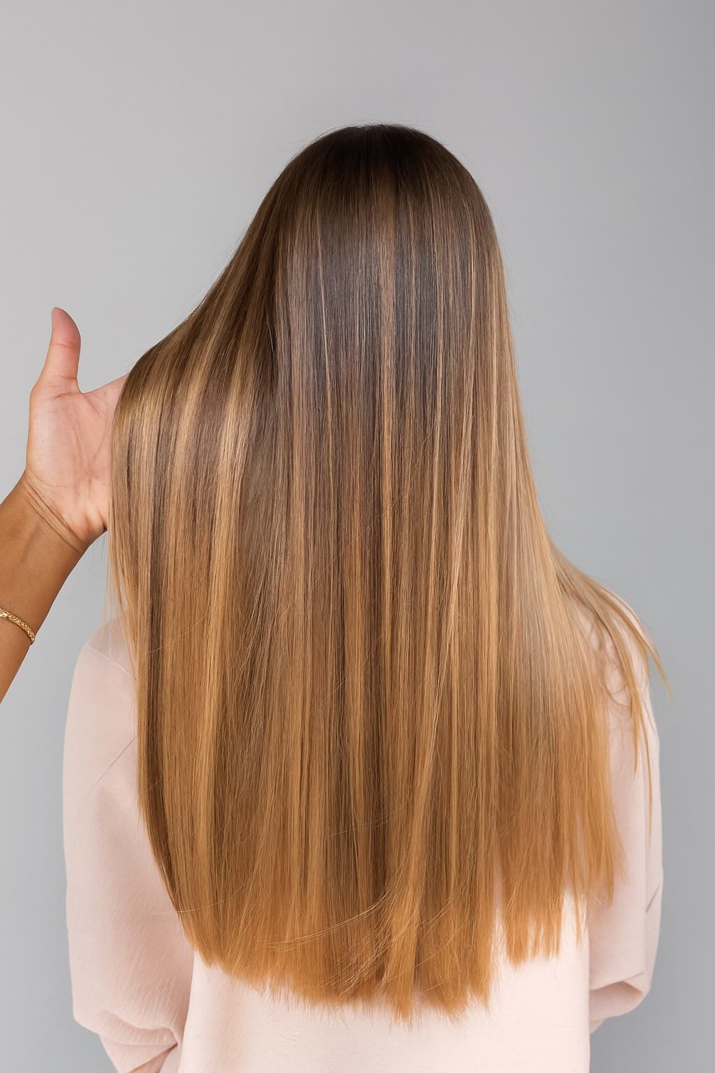 Chevelure longue au fondu brun et blond miel réalisée par Le Nuancier de Nara